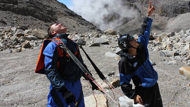 Philipp Halla and Felipe Acosta looking up at the exit point